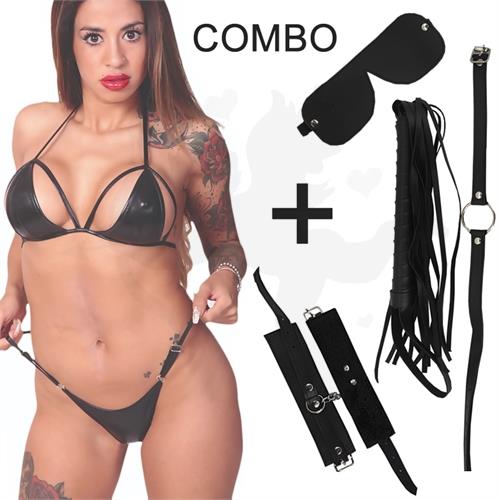 Kit de ecocuero negro con antifaz, mordaza, esposas, latigo y conjunto de vinilo